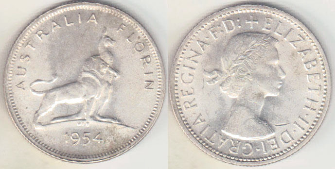 1954 Australia silver Florin (Royal visit) aUnc A002723